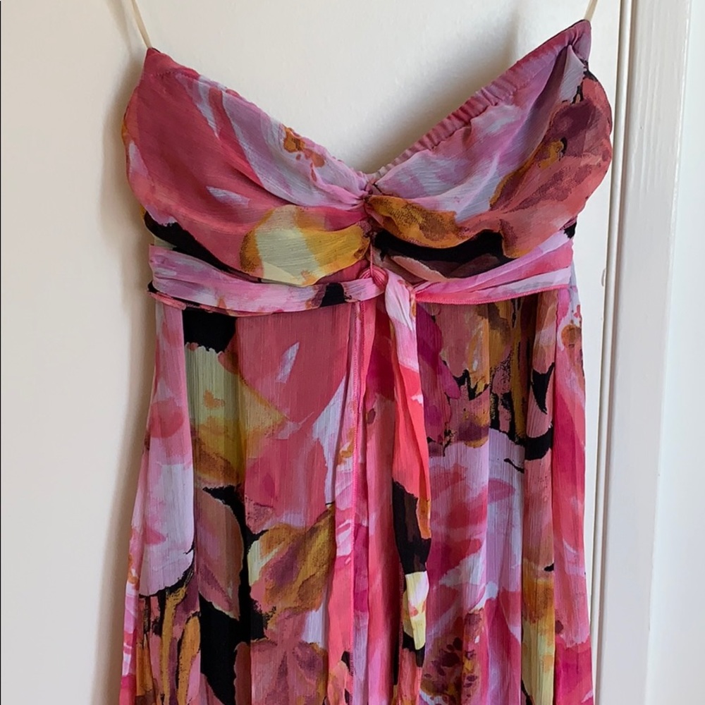 Pink floral maxi. Lined with built-in tie belt.